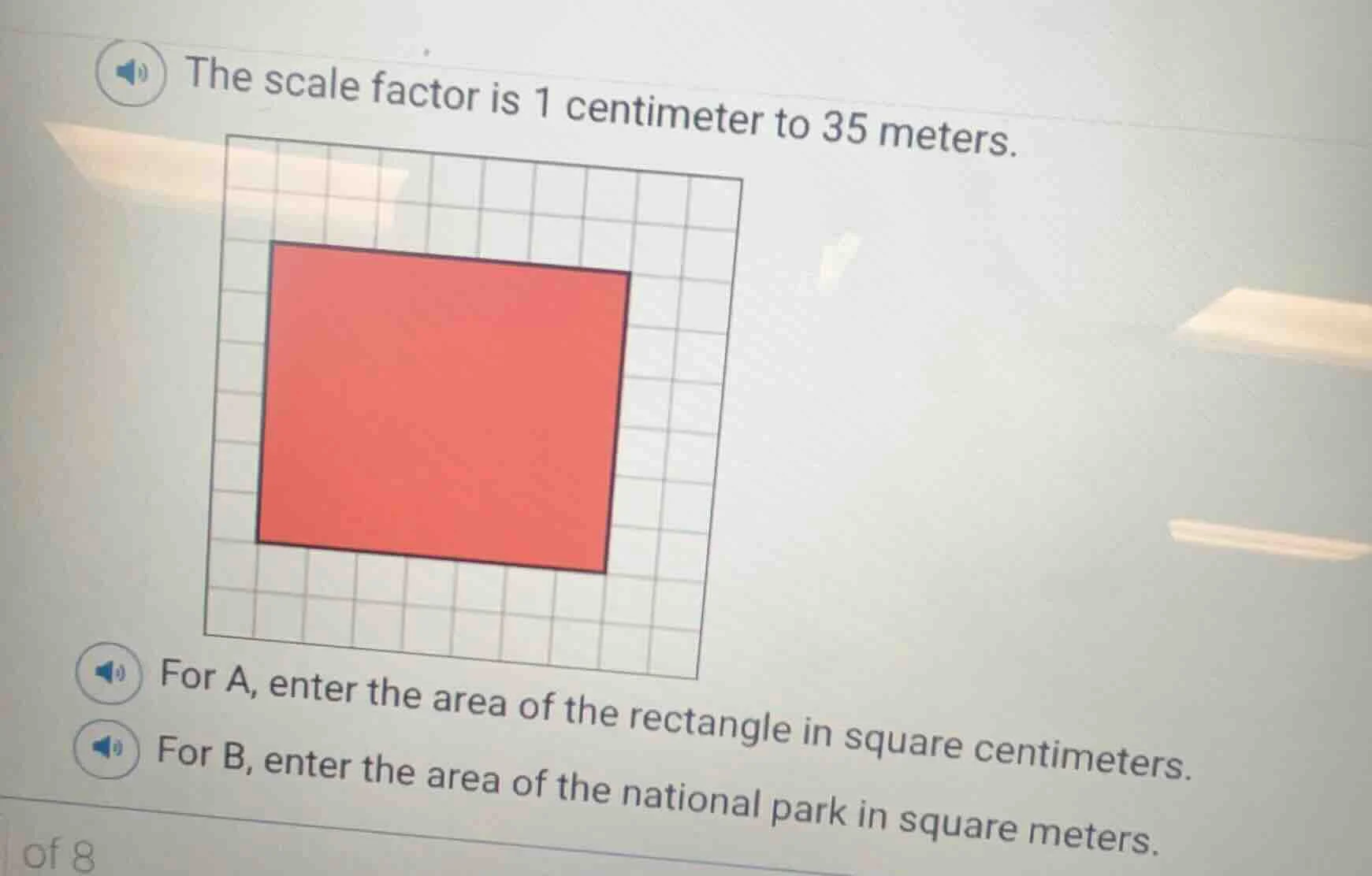 the scale factor is 1 centimeter to 35 meters. for a, enter the area of…