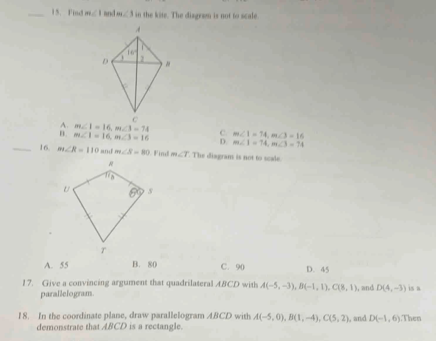 15. find ( mangle 1 ) and ( mangle 3 ) in the kite. the diagram is not …