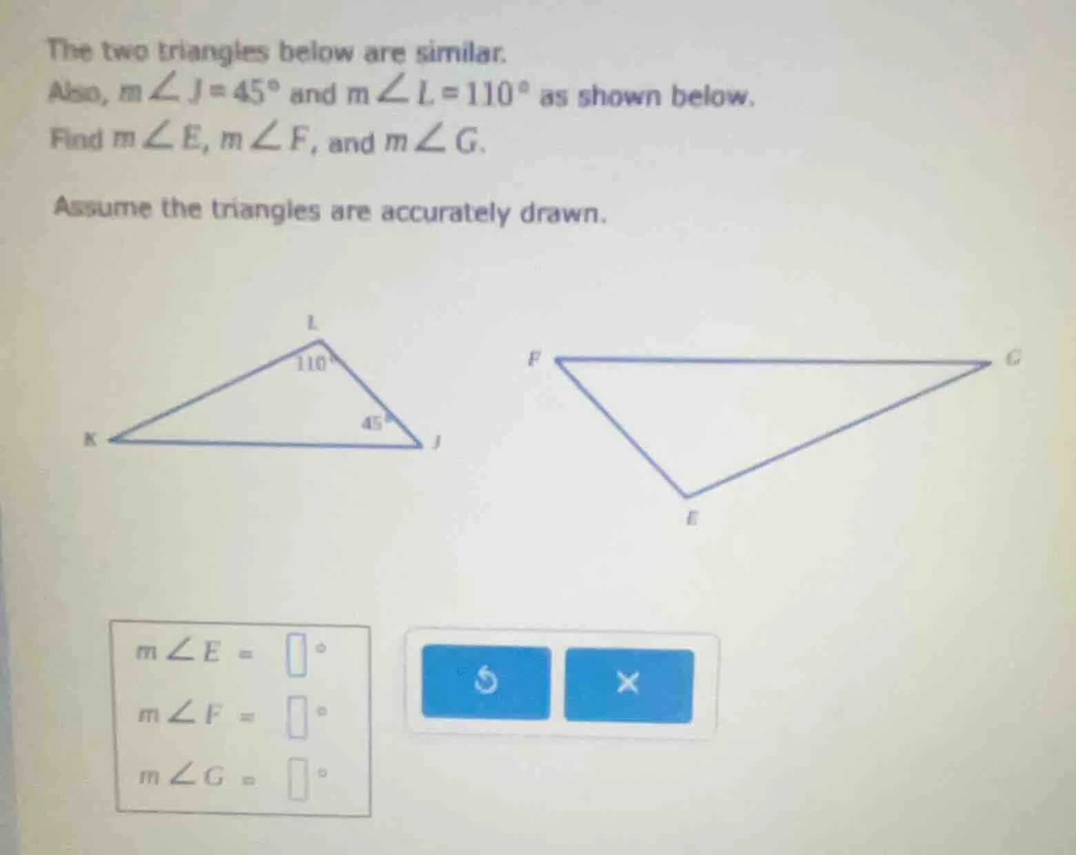 the two triangles below are similar. also, ( mangle j = 45^circ ) and (…