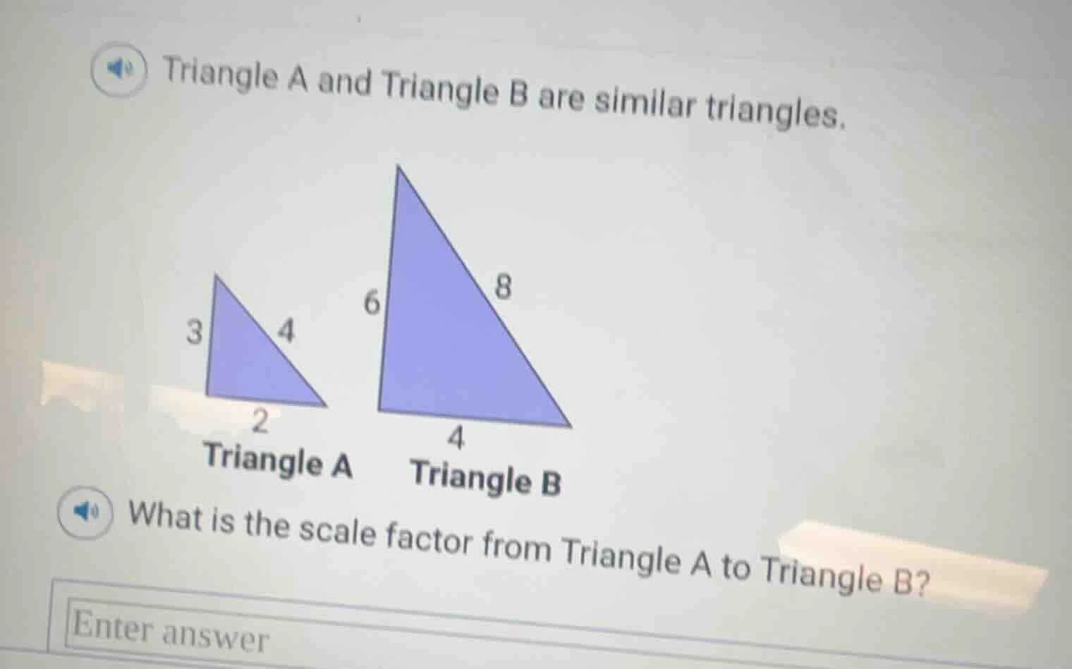 triangle a and triangle b are similar triangles. triangle a has sides 3…