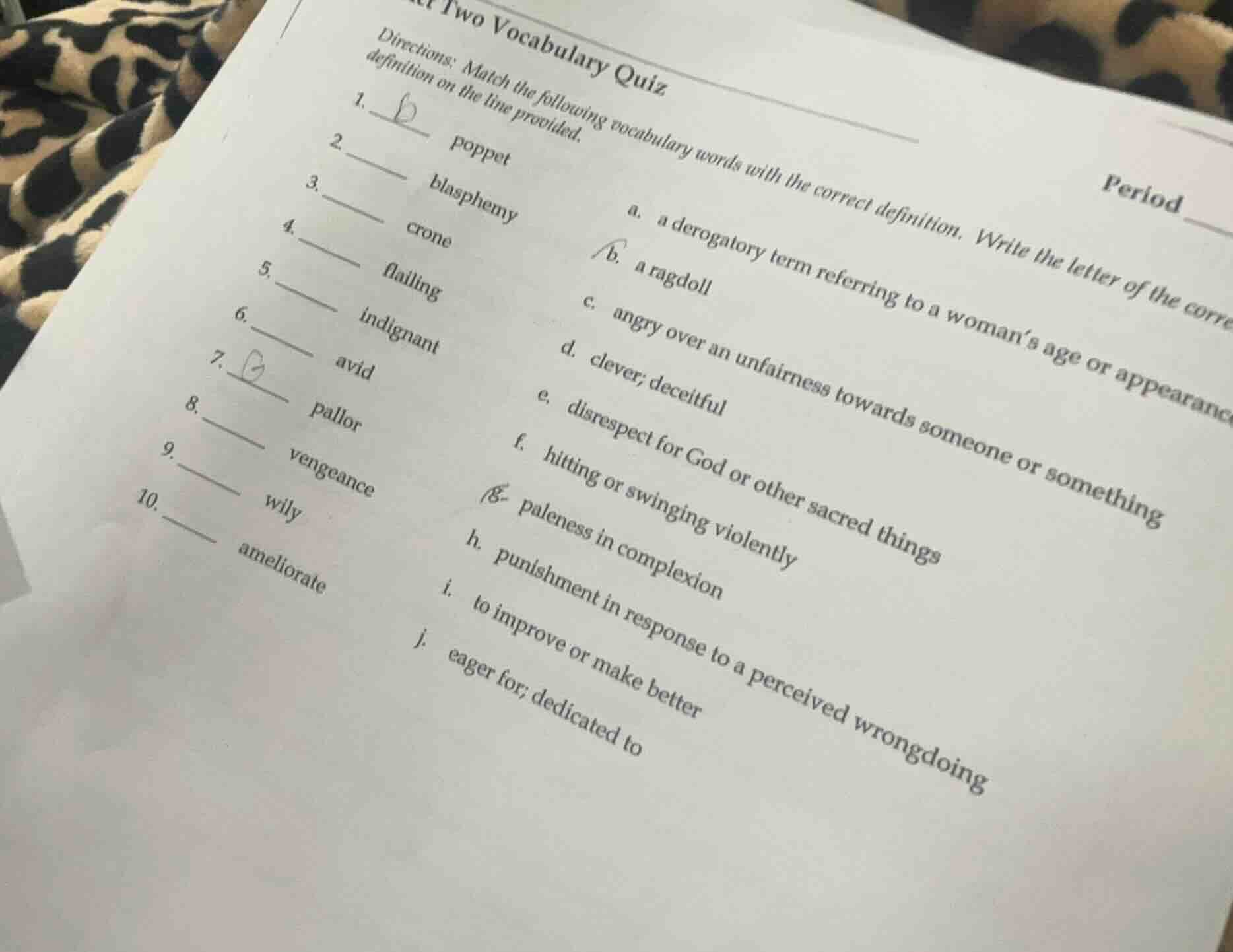 two vocabulary quiz period directions: match the following vocabulary w…
