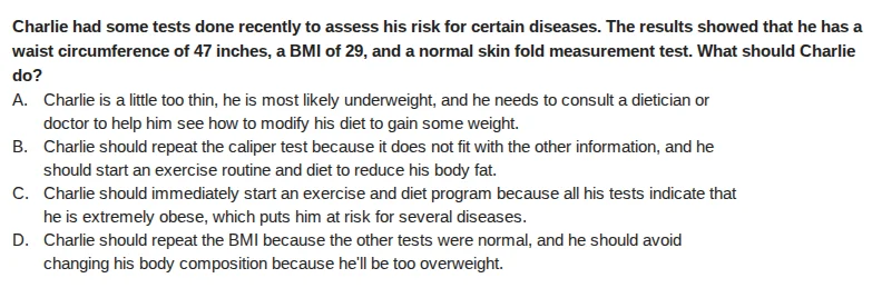 charlie had some tests done recently to assess his risk for certain dis…