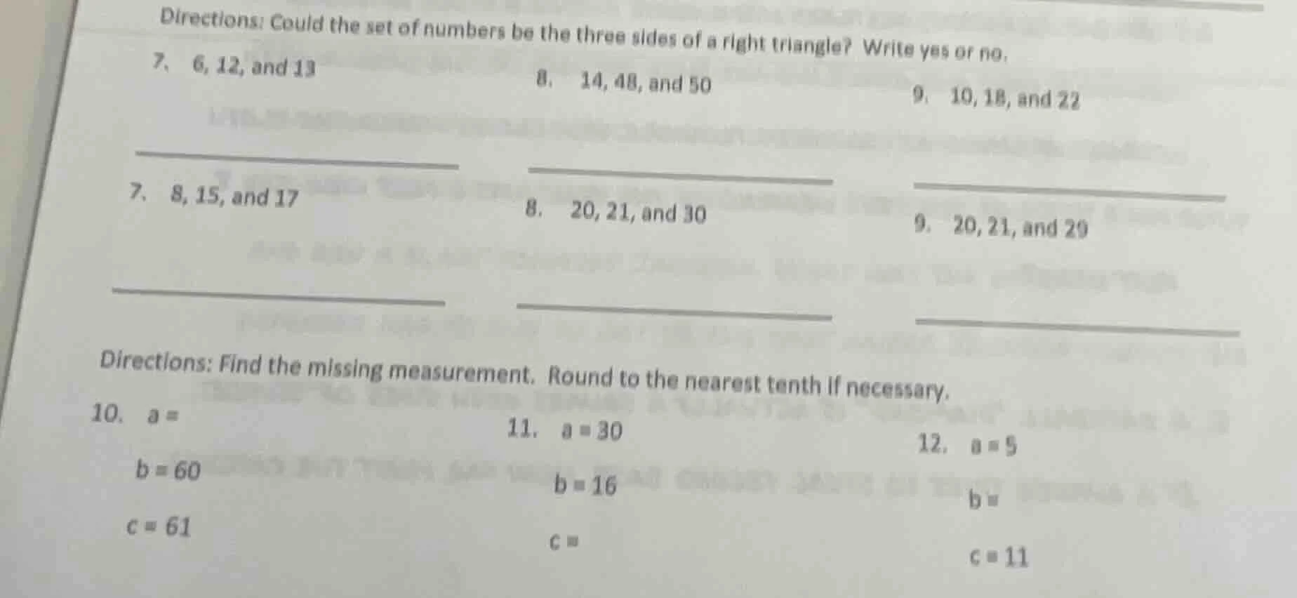 directions: could the set of numbers be the three sides of a right tria…