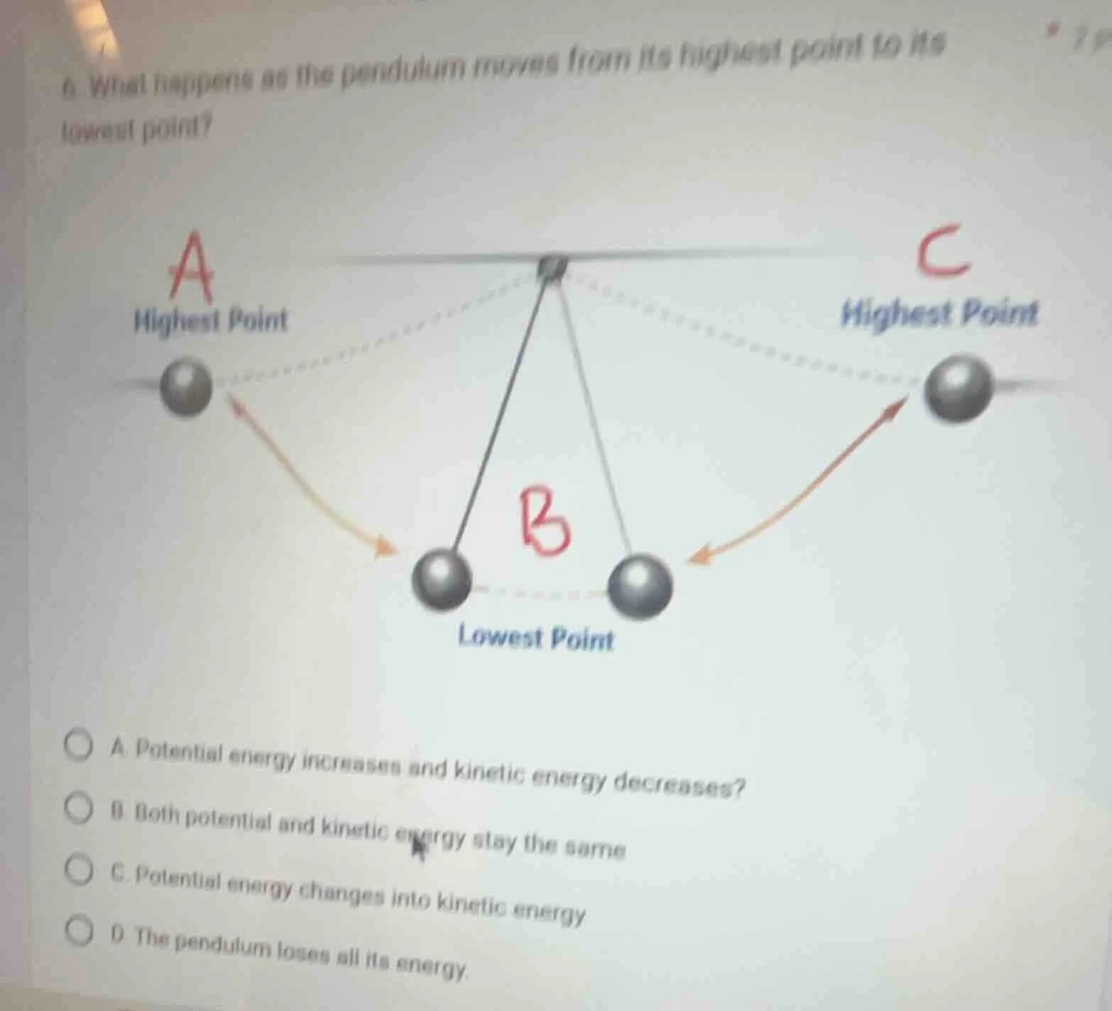 6. what happens as the pendulum moves from its highest point to its low…