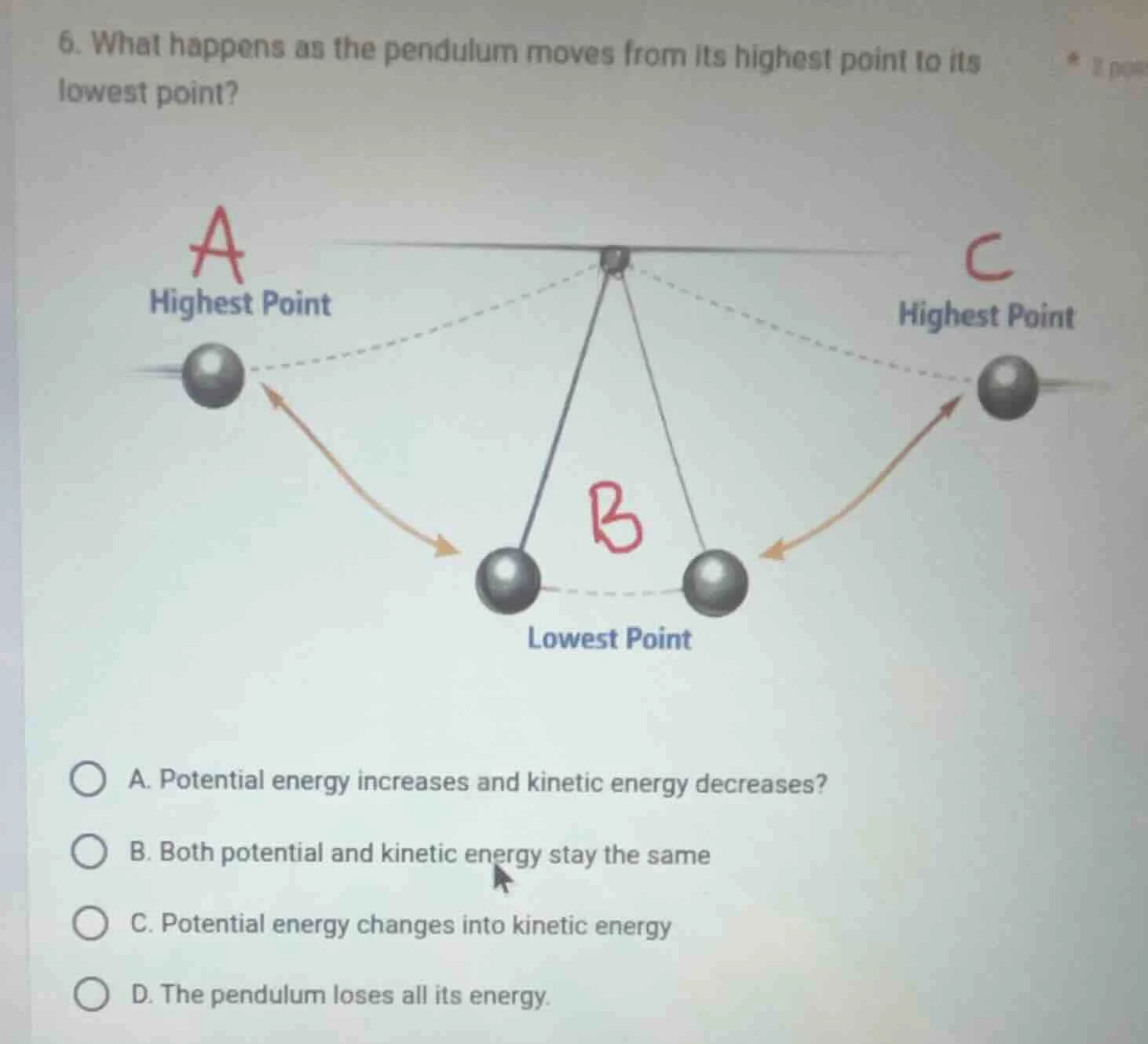 6. what happens as the pendulum moves from its highest point to its low…