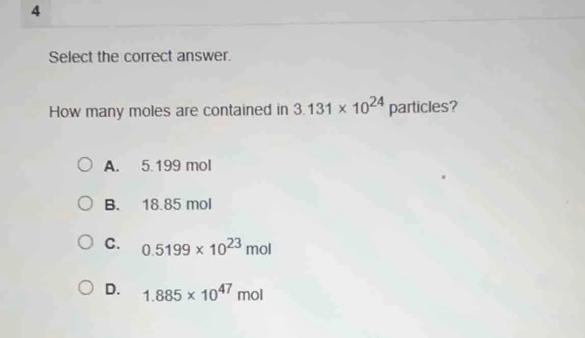 select the correct answer. how many moles are contained in $3.131 \\tim…