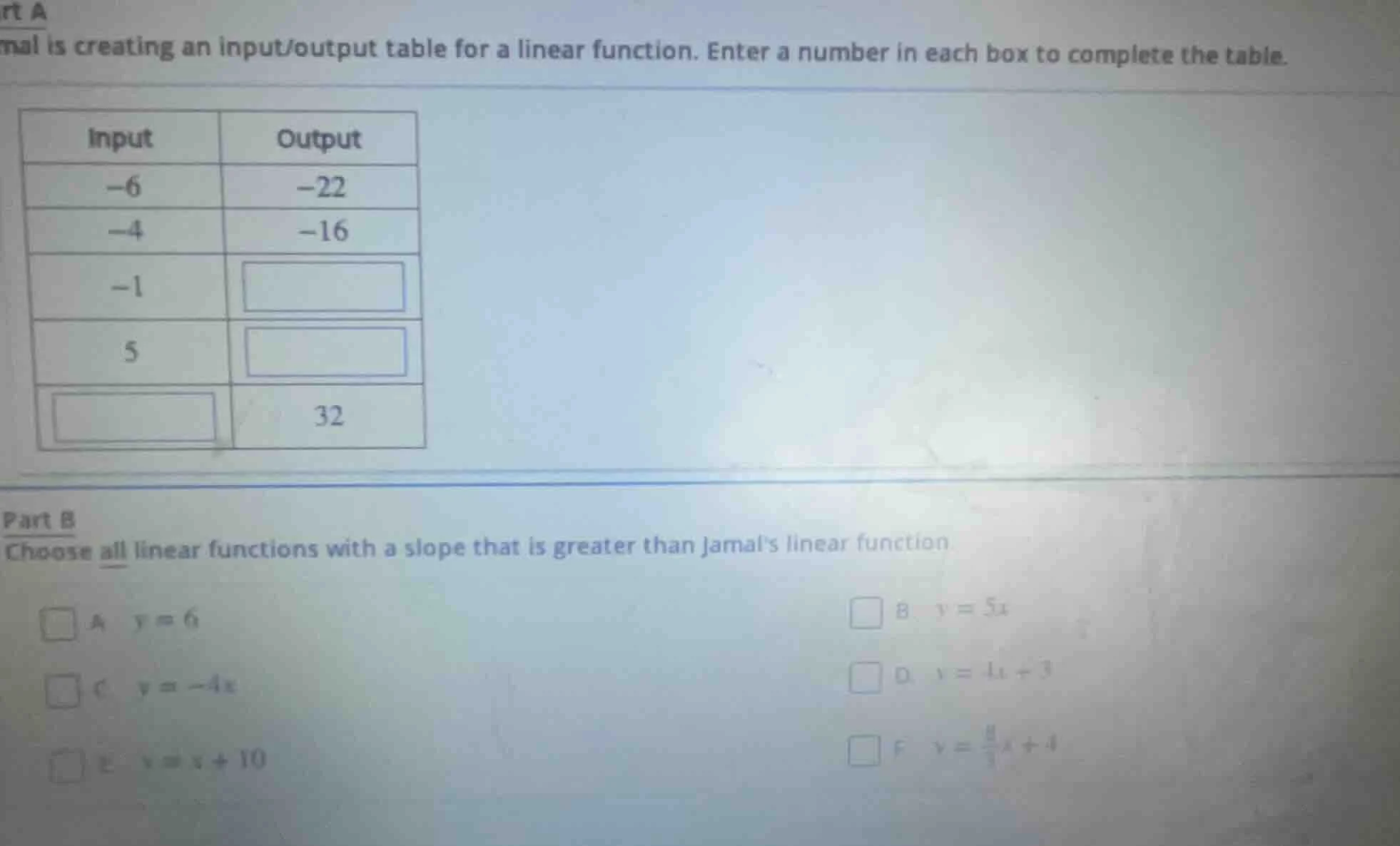 part a mal is creating an input/output table for a linear function. ent…
