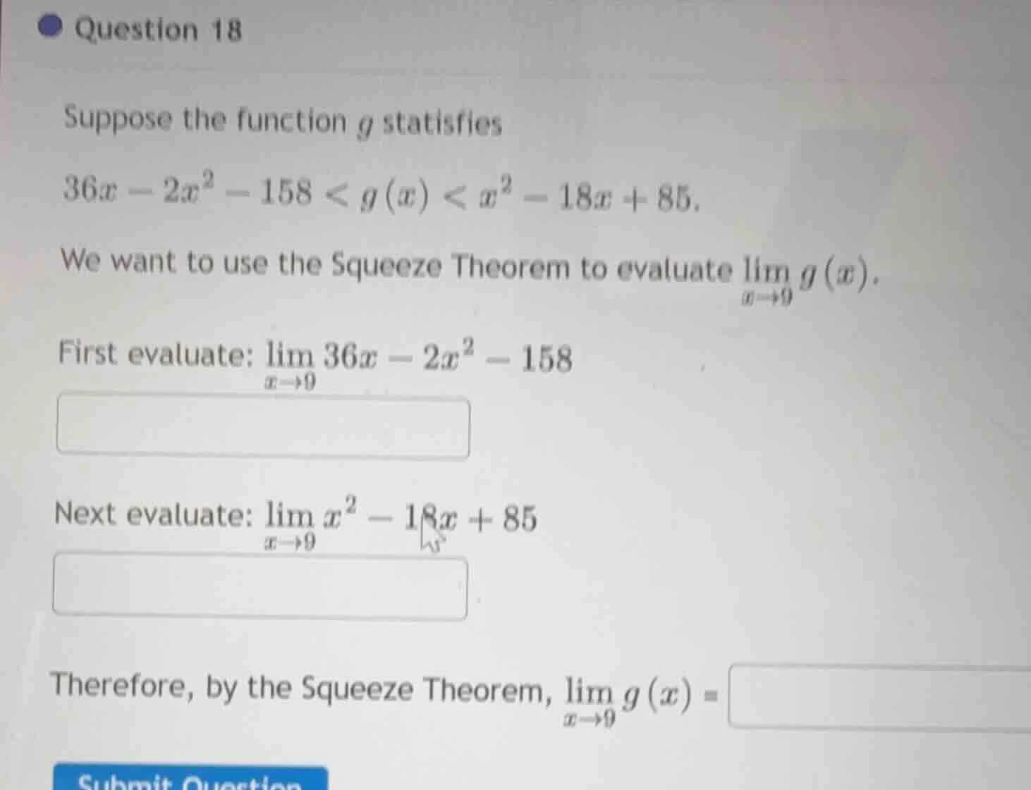 question 18 suppose the function ( g ) satisfies ( 36x - 2x^2 - 158 < g…