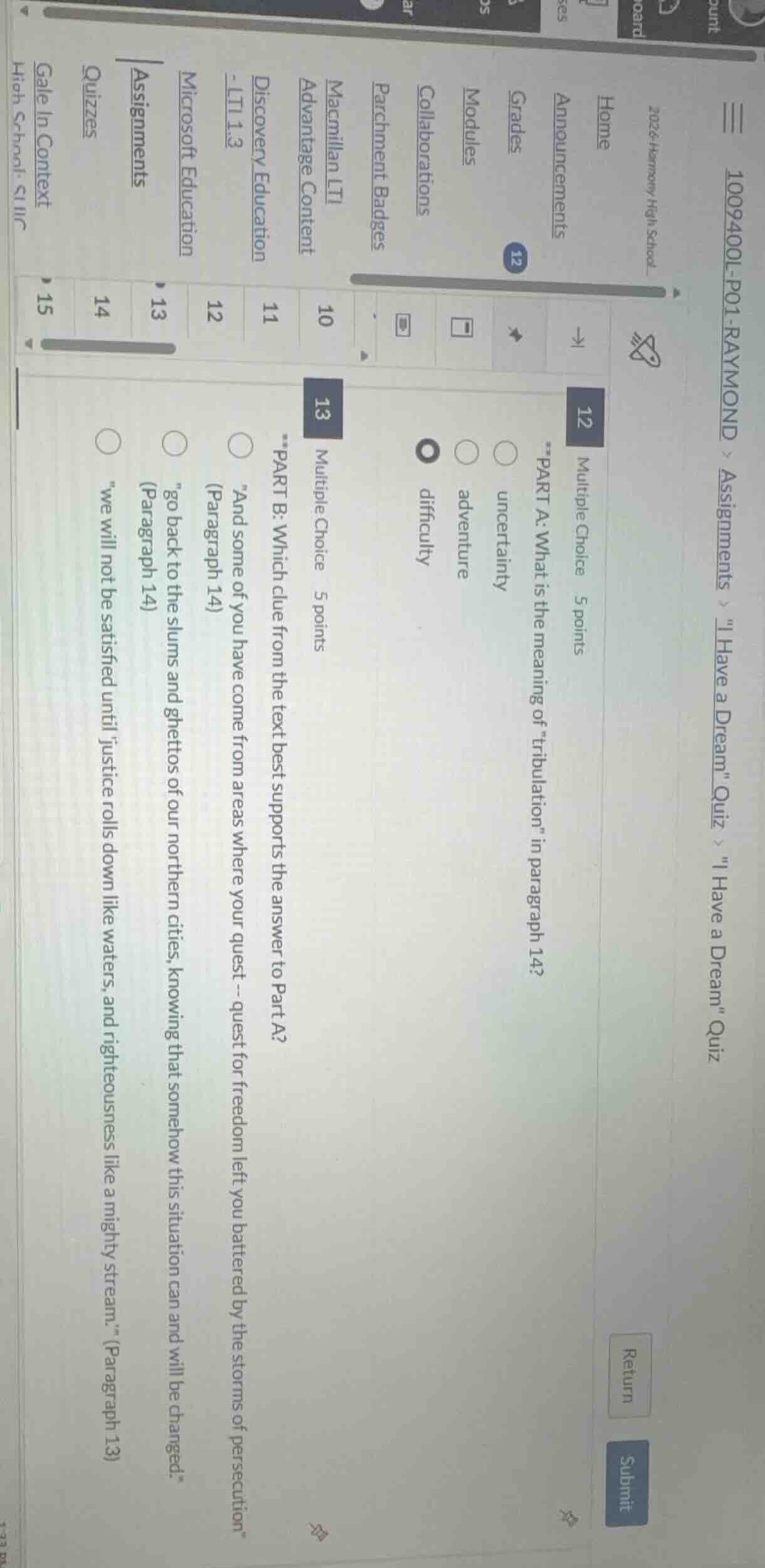**part a: what is the meaning of tribulation in paragraph 14?uncertaint…