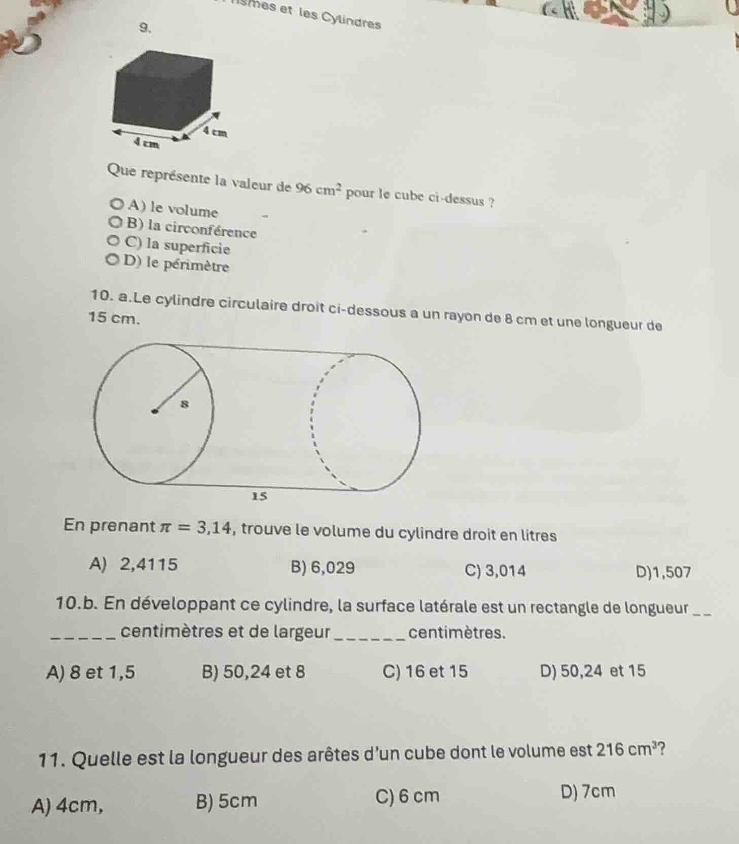 9. que représente la valeur de 96 cm² pour le cube ci - dessus? a) le v…