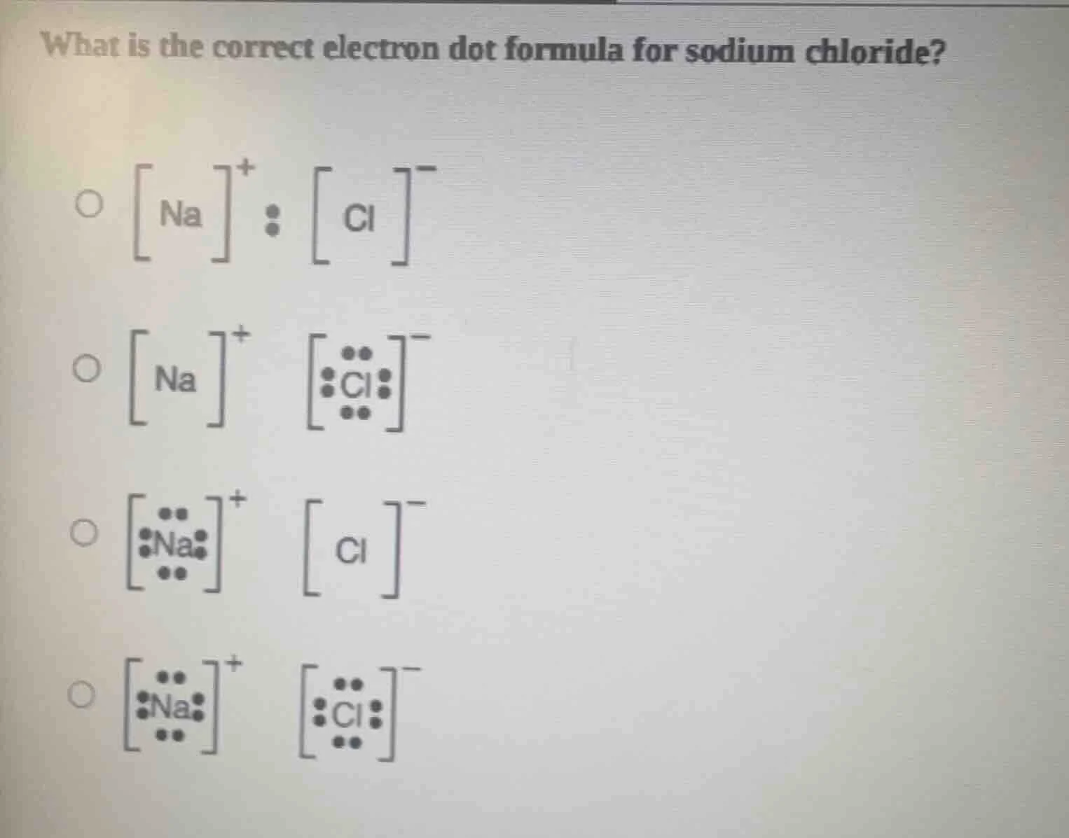 what is the correct electron dot formula for sodium chloride?\ \ \\(\\b…