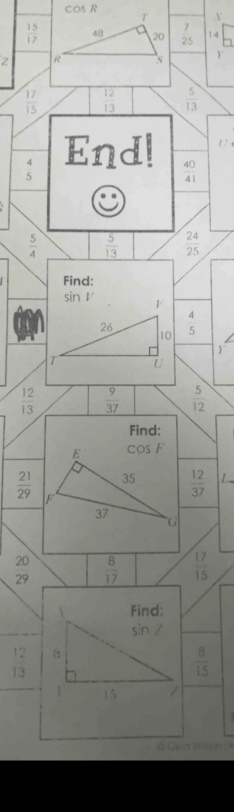 find: sin v (right triangle with hypotenuse 26, leg 10, right angle at …