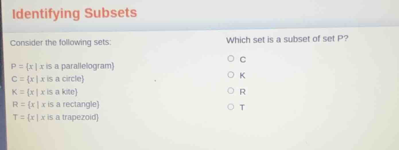 identifying subsets consider the following sets: p = {x | x is a parall…