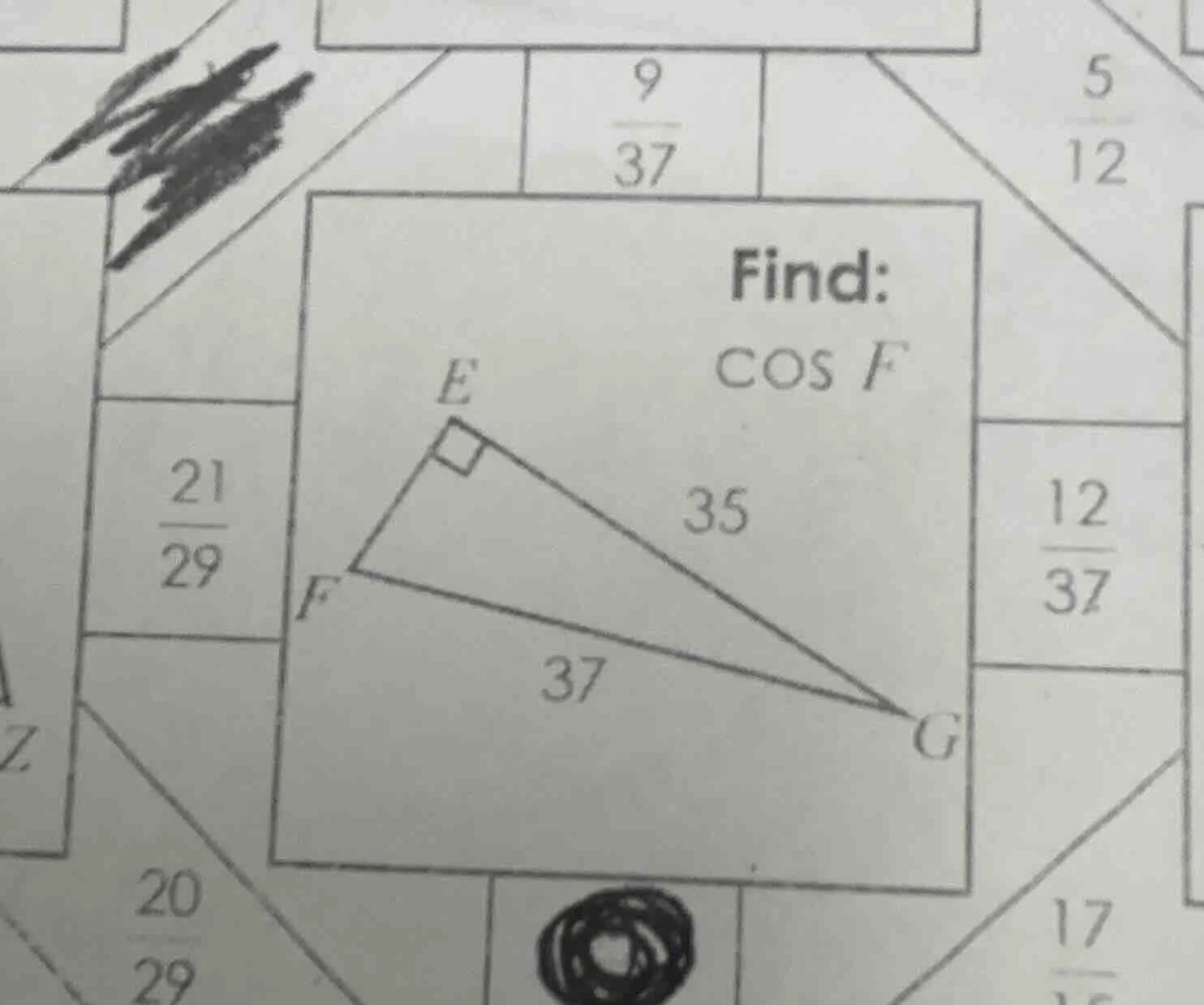 find: \\(\\cos f\\) (and there is a right triangle (efg) with right ang…
