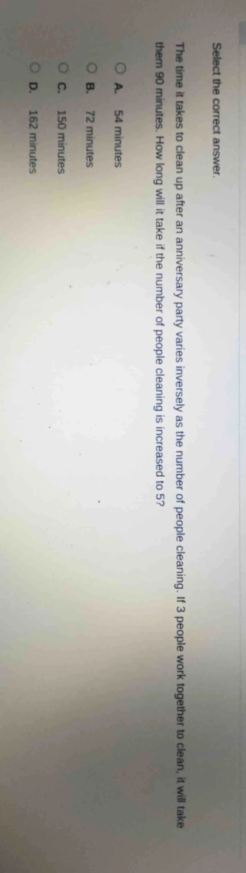 select the correct answer. the time it takes to clean up after an anniv…