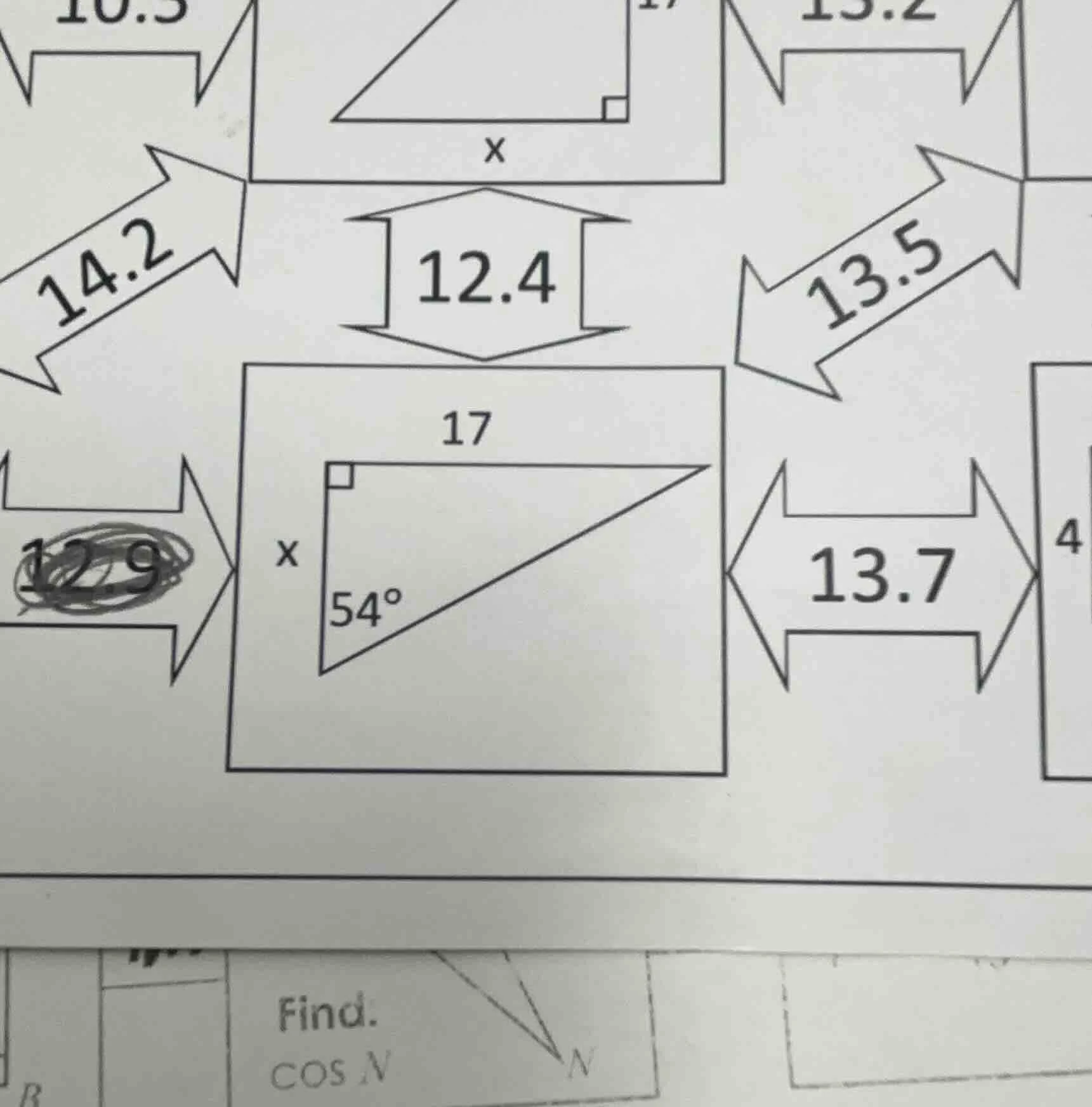 10.3, 13.2, 14.2, 13.5, 12.4, 17, 12.9 (crossed out), x, 54°, 13.7, 4; …
