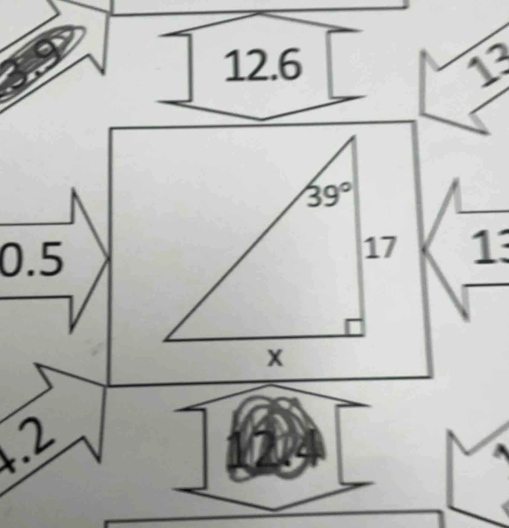 in the right triangle, one angle is 39°, the length of the vertical sid…