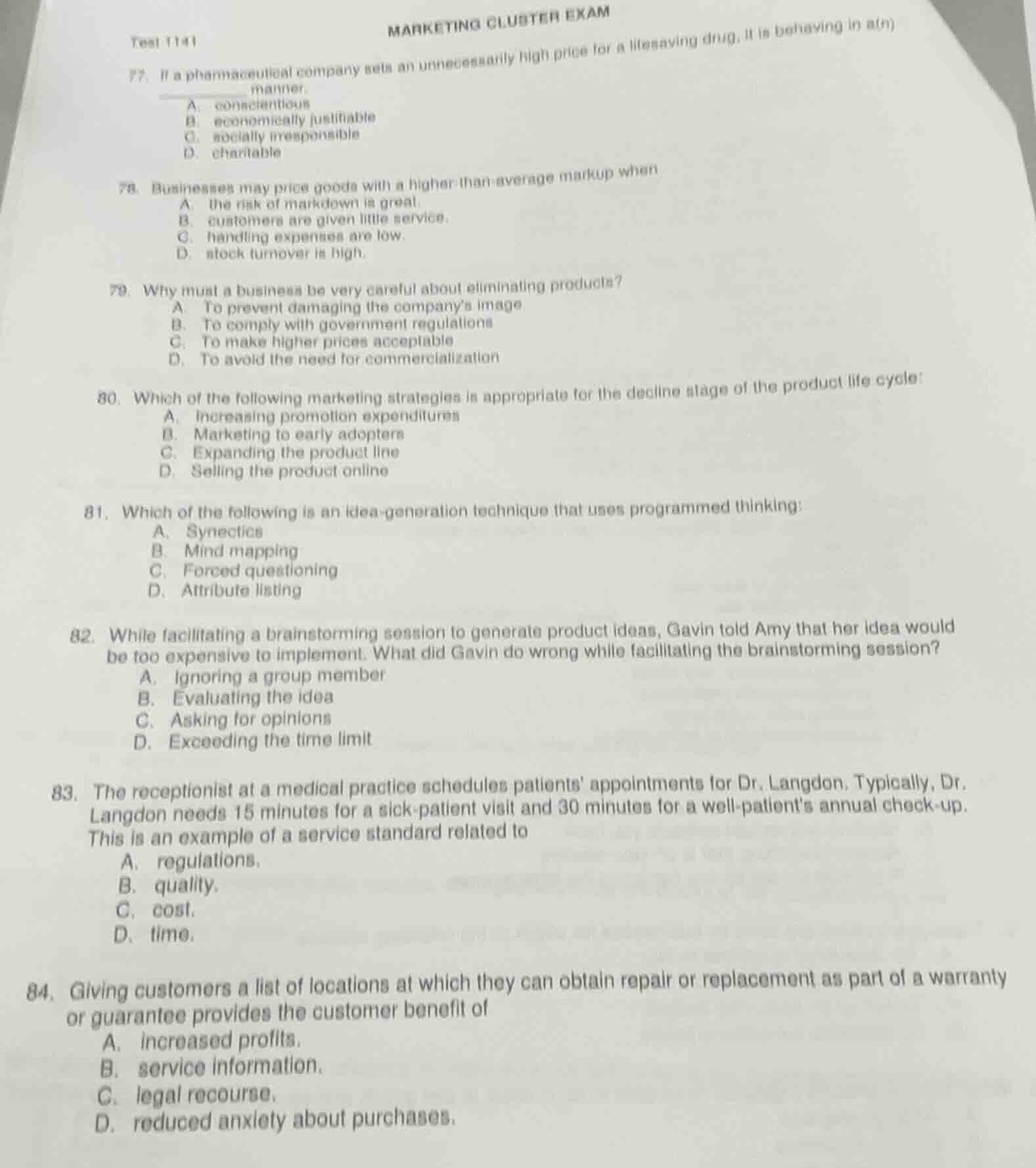 test 1141 marketing cluster exam 77. if a pharmaceutical company sets a…