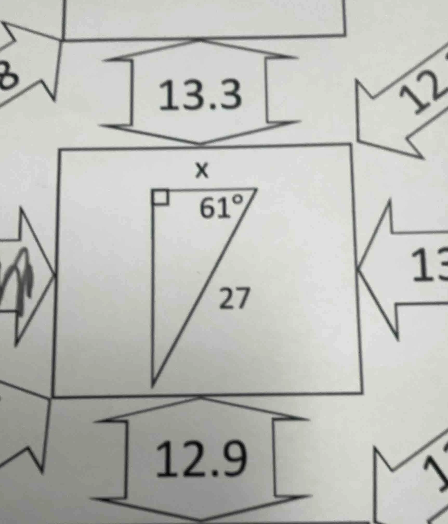 in a right triangle, one angle is 61°, the hypotenuse is 27, find the l…