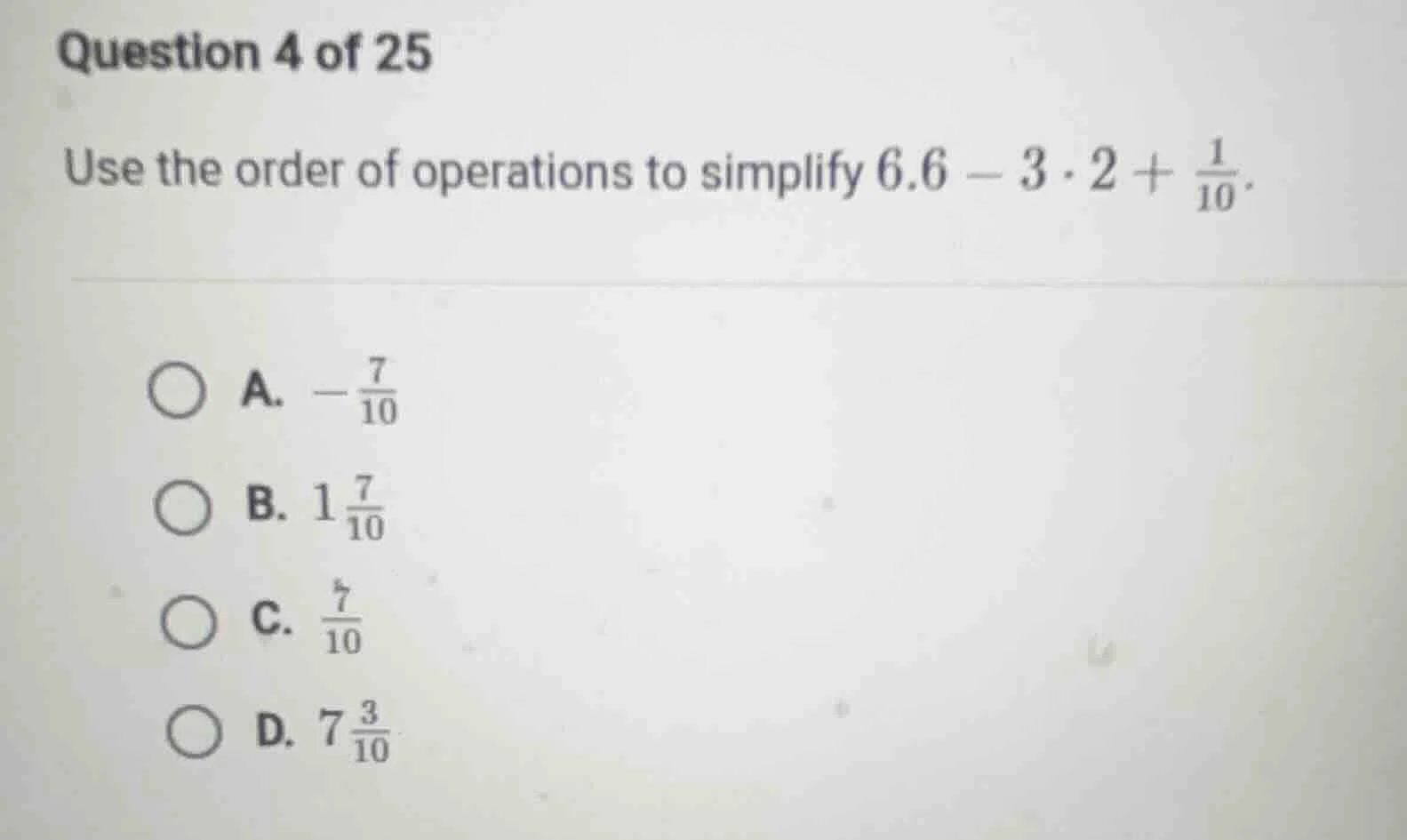 question 4 of 25 use the order of operations to simplify $6.6 - 3 \\cdo…