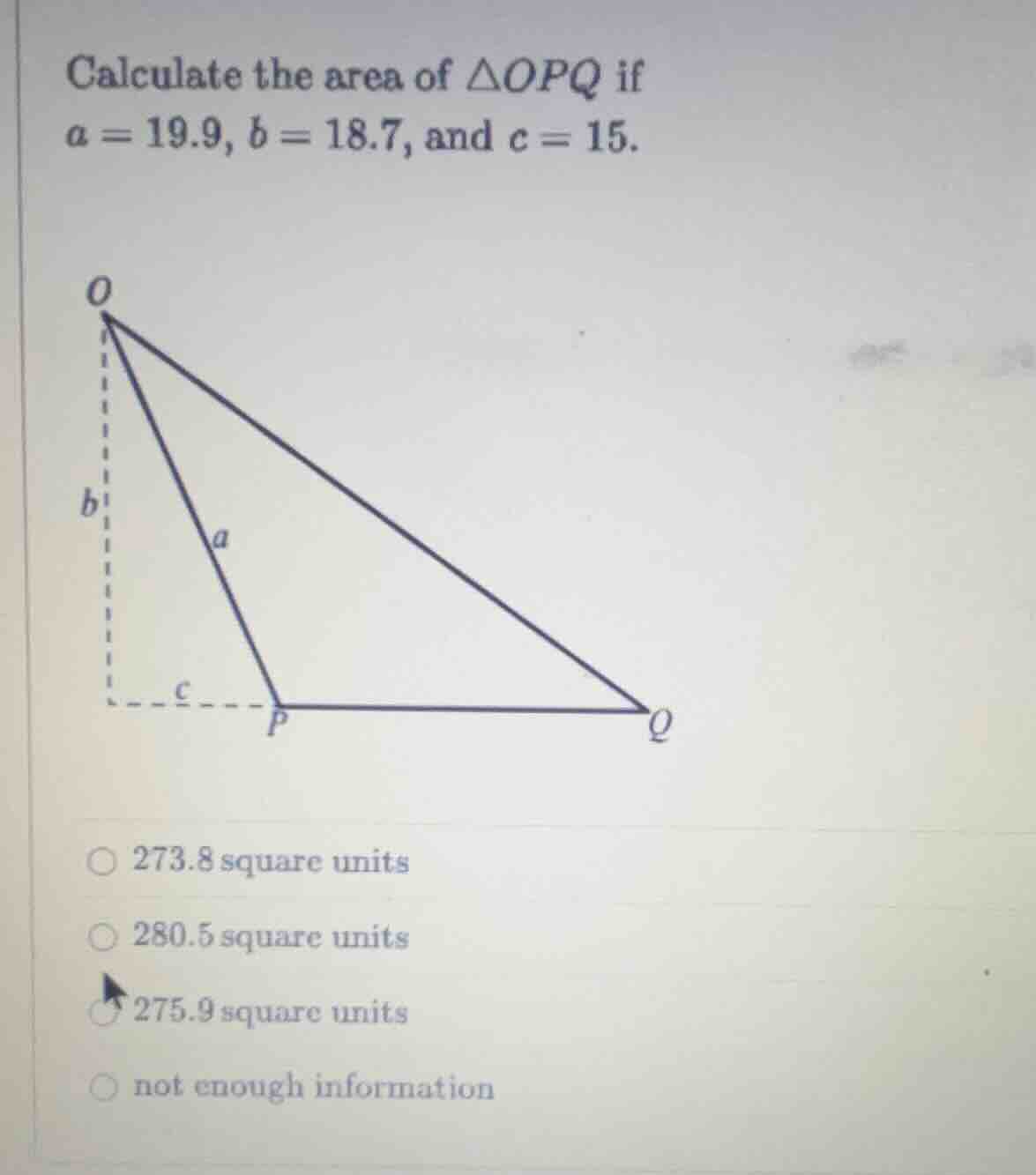 calculate the area of $\\triangle opq$ if $a = 19.9$, $b = 18.7$, and $…