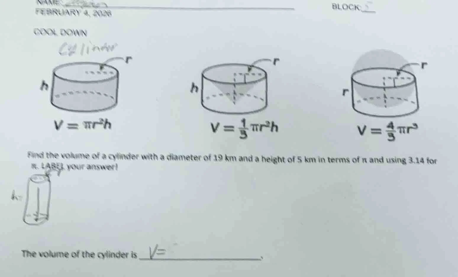 february 4, 2026 block cool down cylinder v = πr²h v = (1/3)πr²h v = (4…