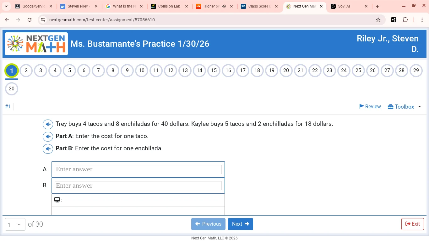trey buys 4 tacos and 8 enchiladas for 40 dollars. kaylee buys 5 tacos …