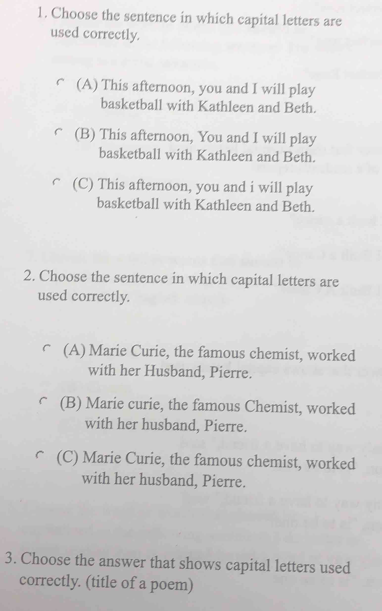 1. choose the sentence in which capital letters are used correctly. (a)…