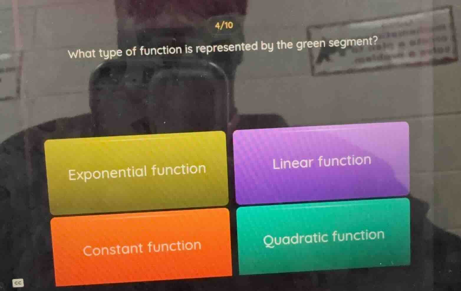 4/10 what type of function is represented by the green segment? exponen…