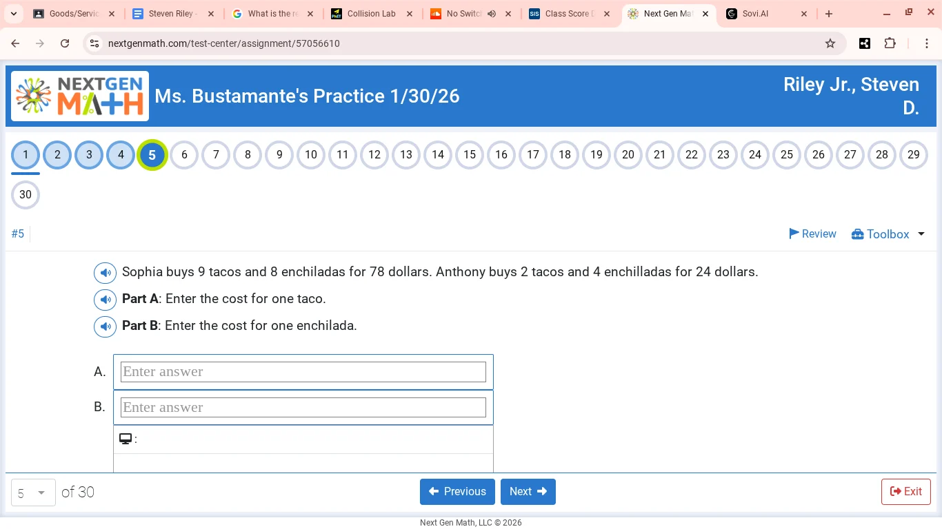 sophia buys 9 tacos and 8 enchiladas for 78 dollars. anthony buys 2 tac…
