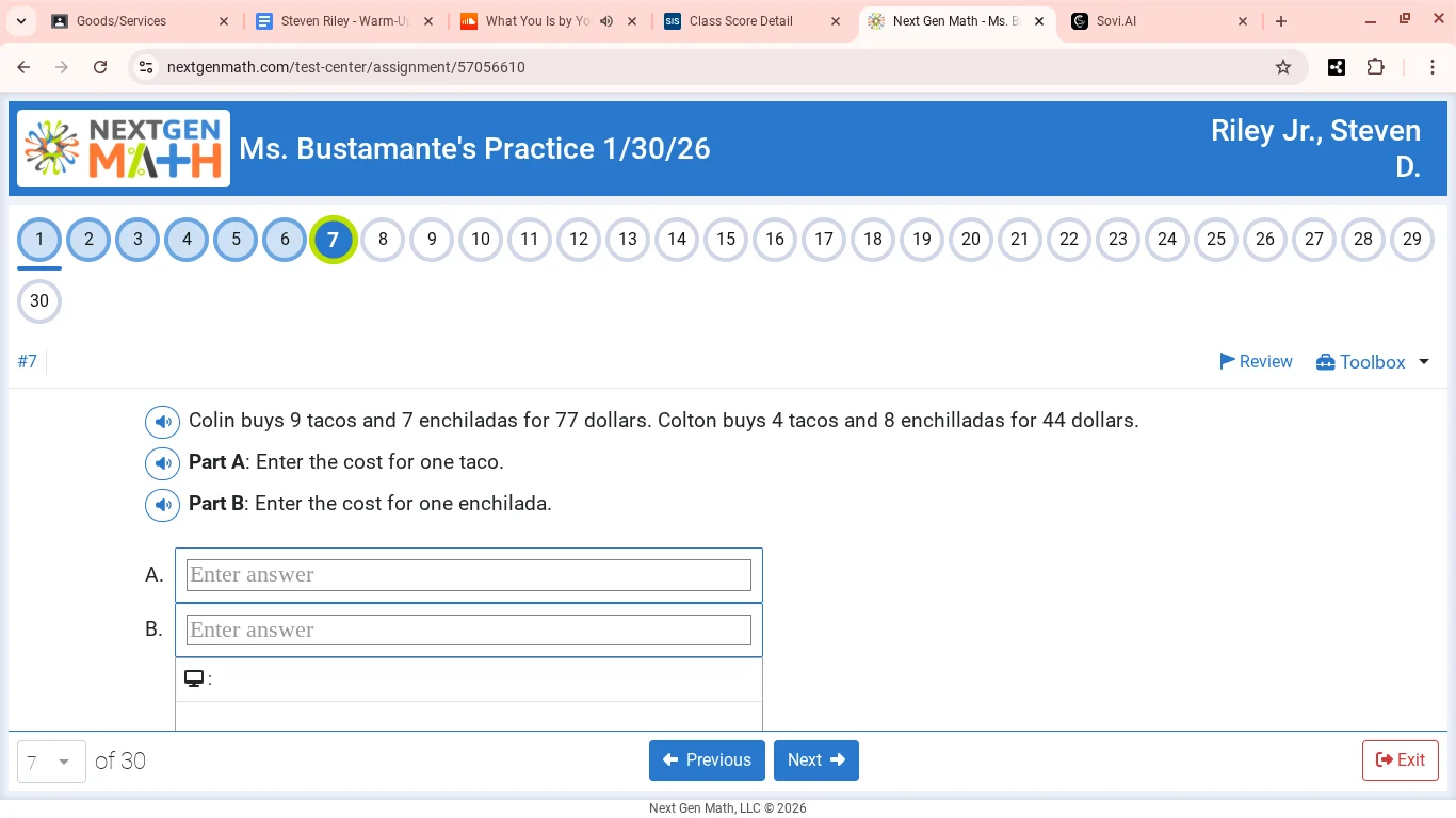 colin buys 9 tacos and 7 enchiladas for 77 dollars. colton buys 4 tacos…