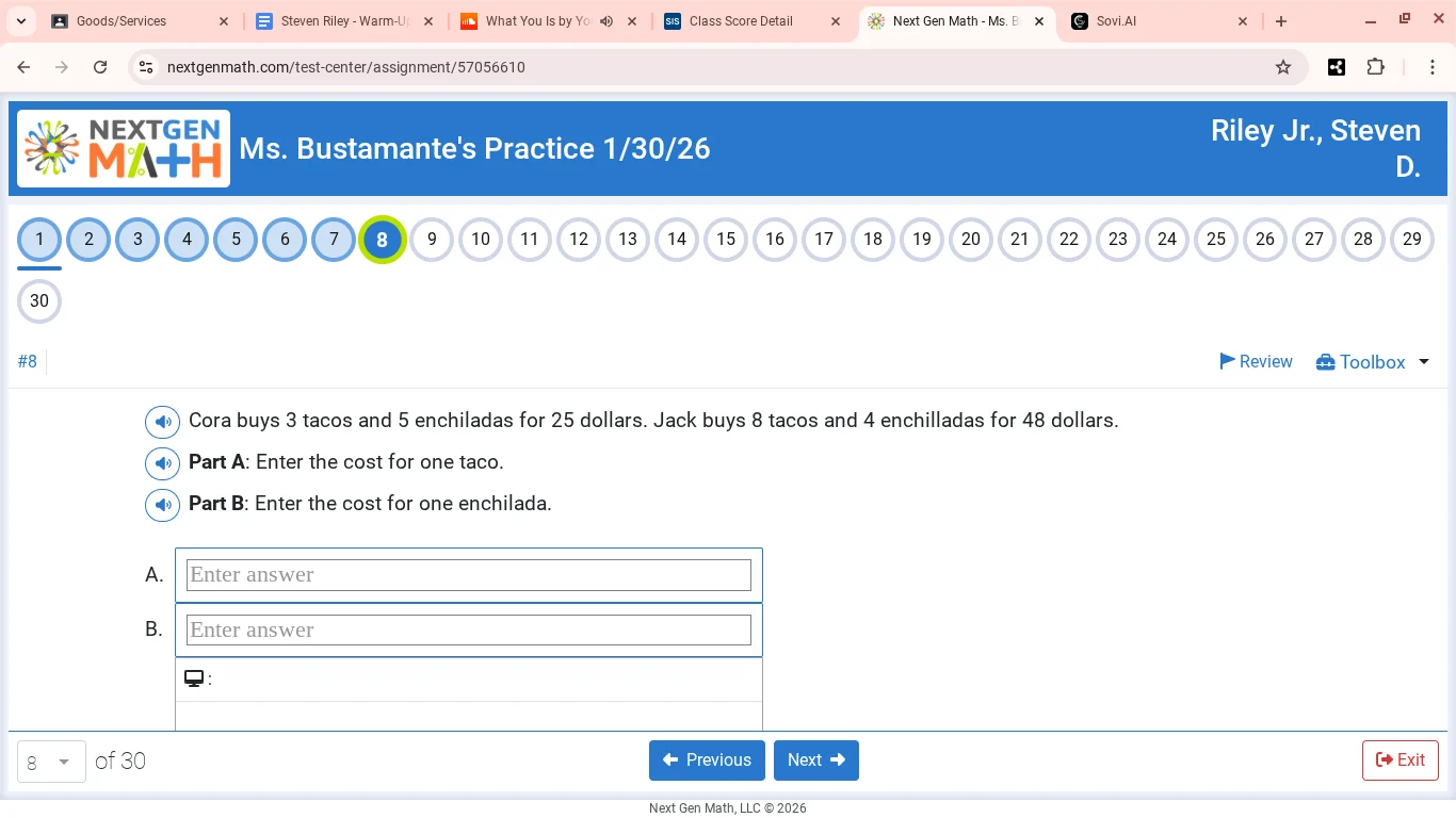 cora buys 3 tacos and 5 enchiladas for 25 dollars. jack buys 8 tacos an…