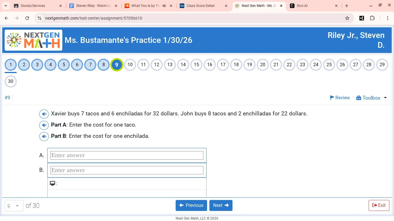 xavier buys 7 tacos and 6 enchiladas for 32 dollars. john buys 8 tacos …