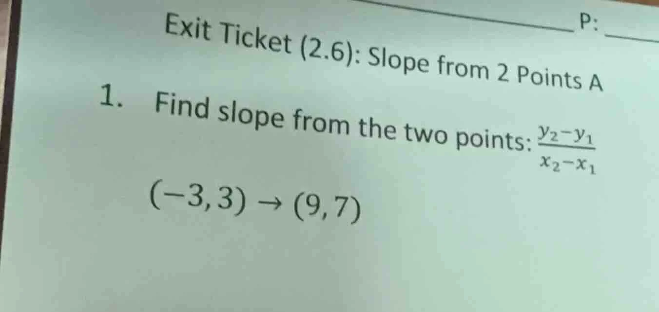 exit ticket (2.6): slope from 2 points a 1. find slope from the two poi…