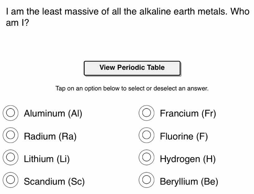 i am the least massive of all the alkaline earth metals. who am i? view…