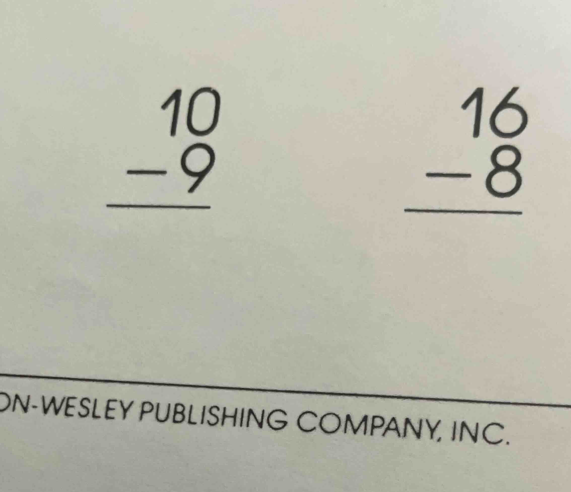 10 - 9 (vertical subtraction) and 16 - 8 (vertical subtraction)