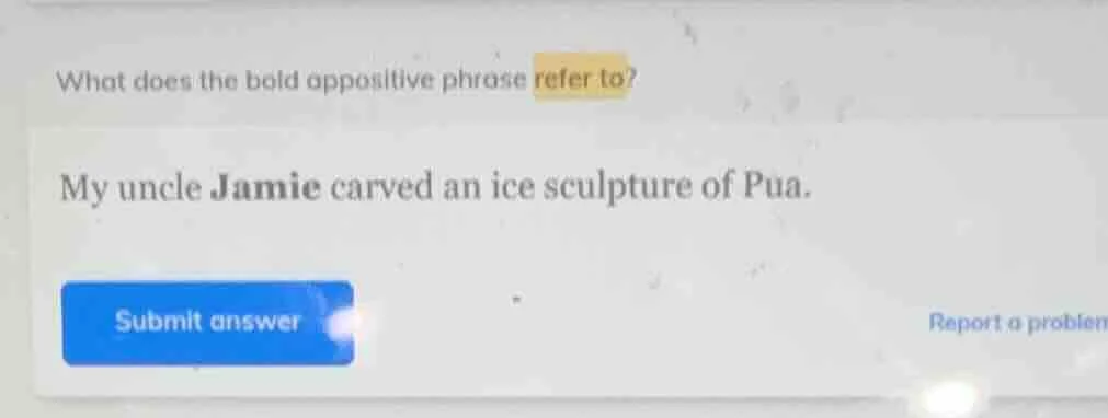 what does the bold appositive phrase refer to? my uncle jamie carved an…