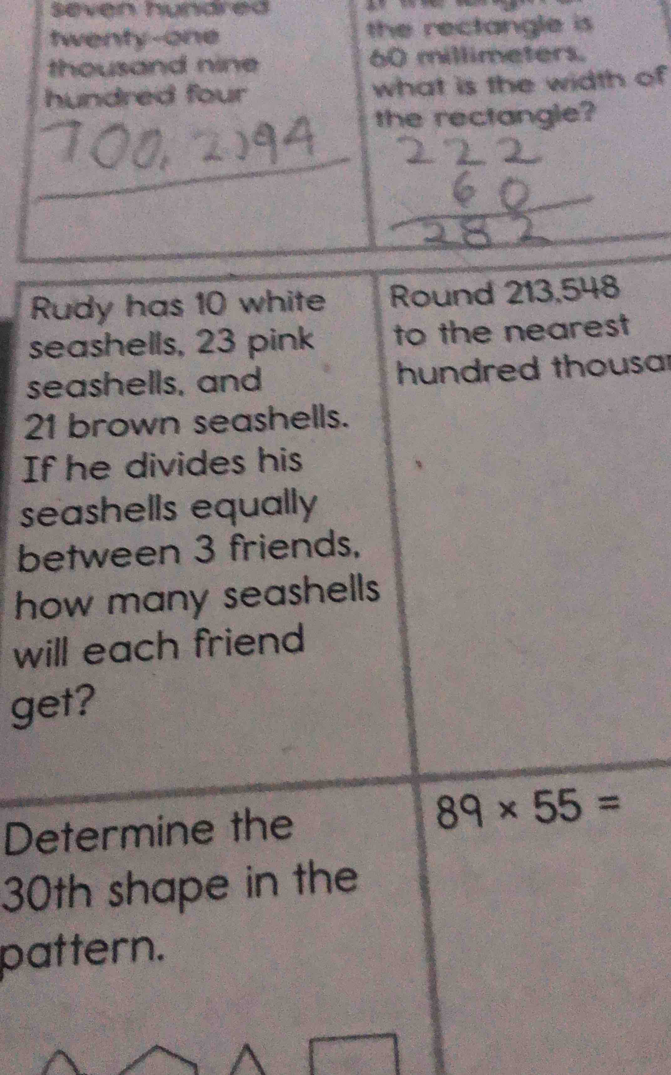 rudy has 10 white seashells, 23 pink seashells, and 21 brown seashells.…