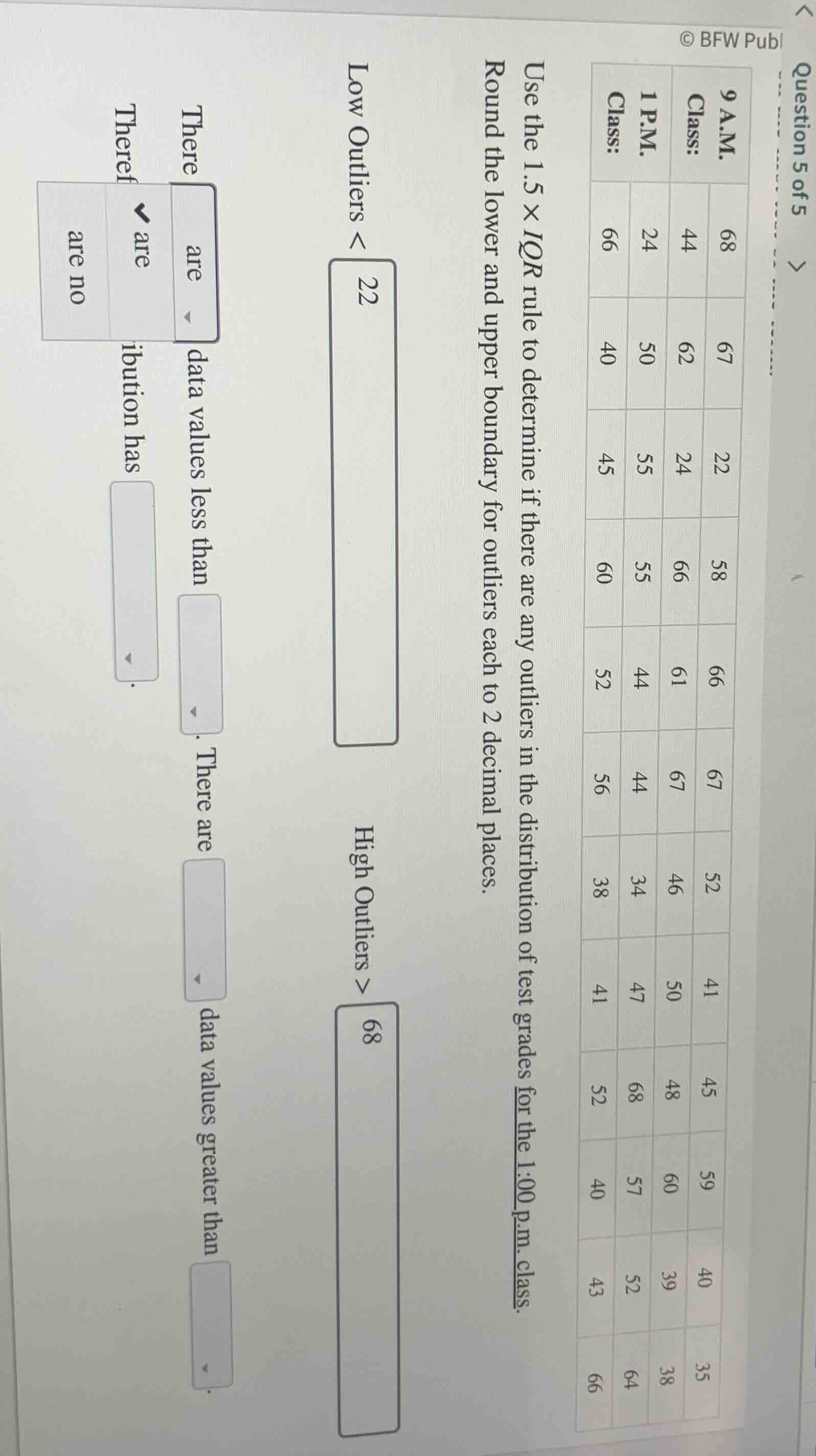 question 5 of 5 9 a.m. class: 68, 67, 22, 58, 66, 67, 52, 41, 45, 59, 4…