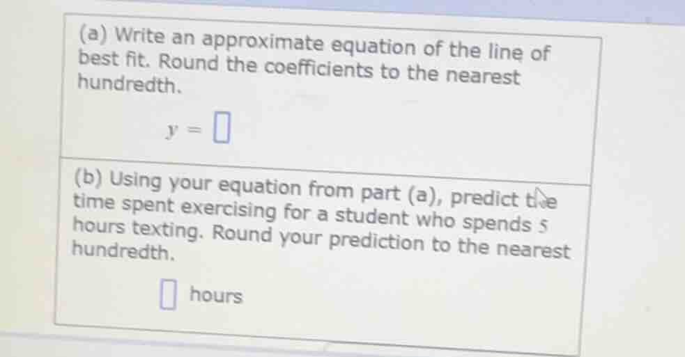 (a) write an approximate equation of the line of best fit. round the co…