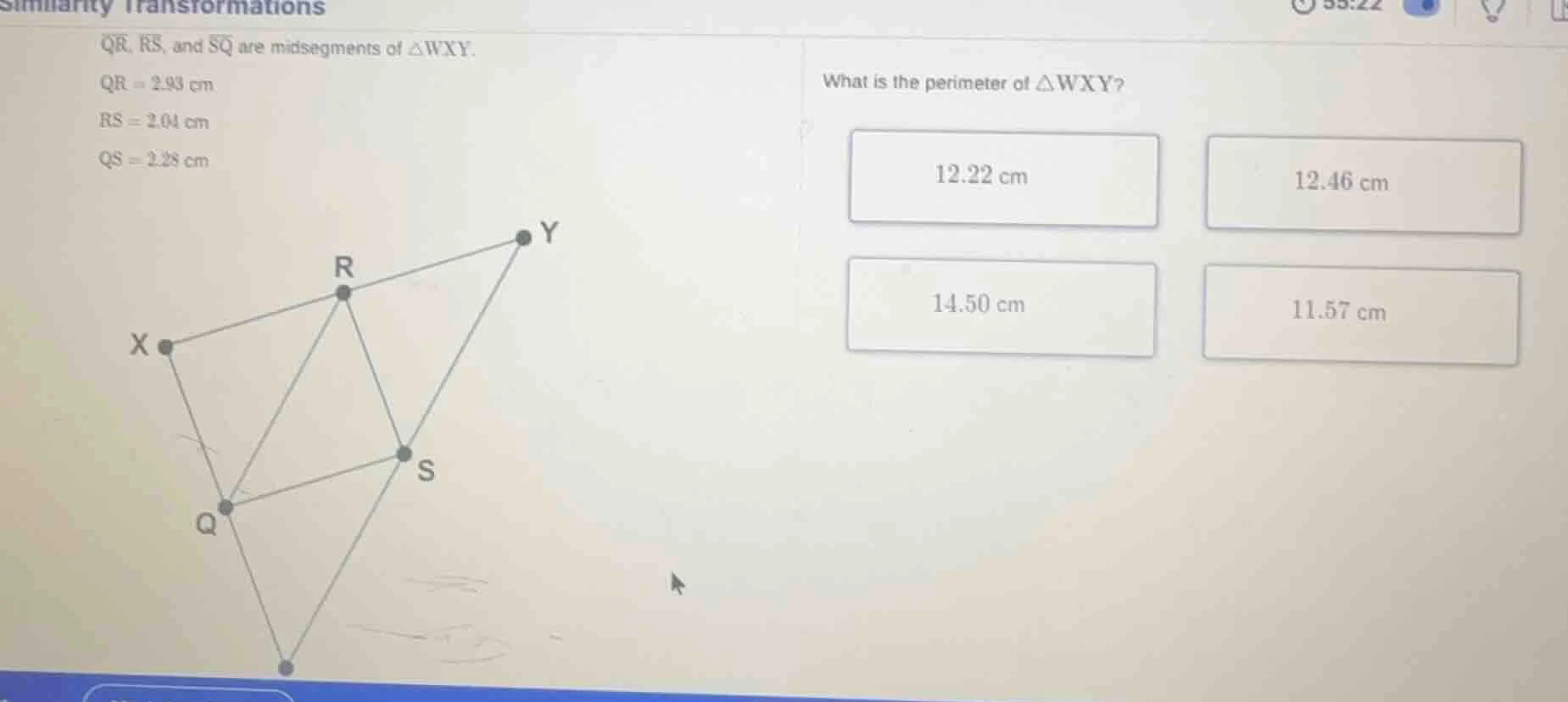 similarity transformations qr, rs, and sq are midsegments of △wxy. qr =…