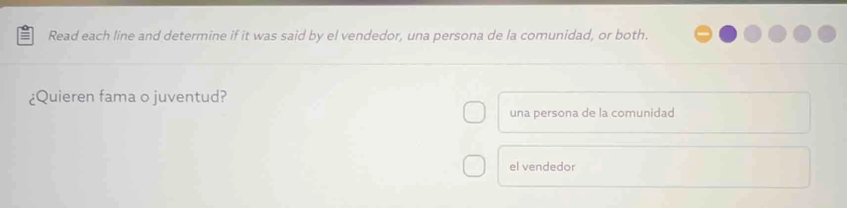 read each line and determine if it was said by el vendedor, una persona…