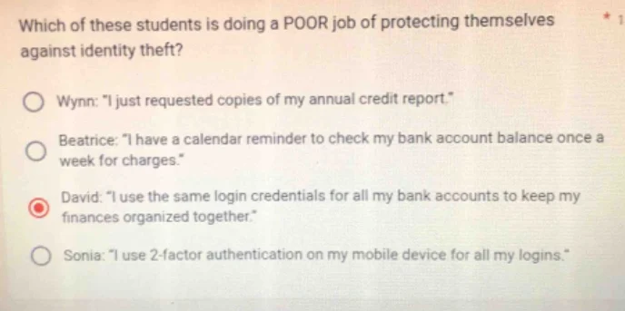 which of these students is doing a poor job of protecting themselves ag…