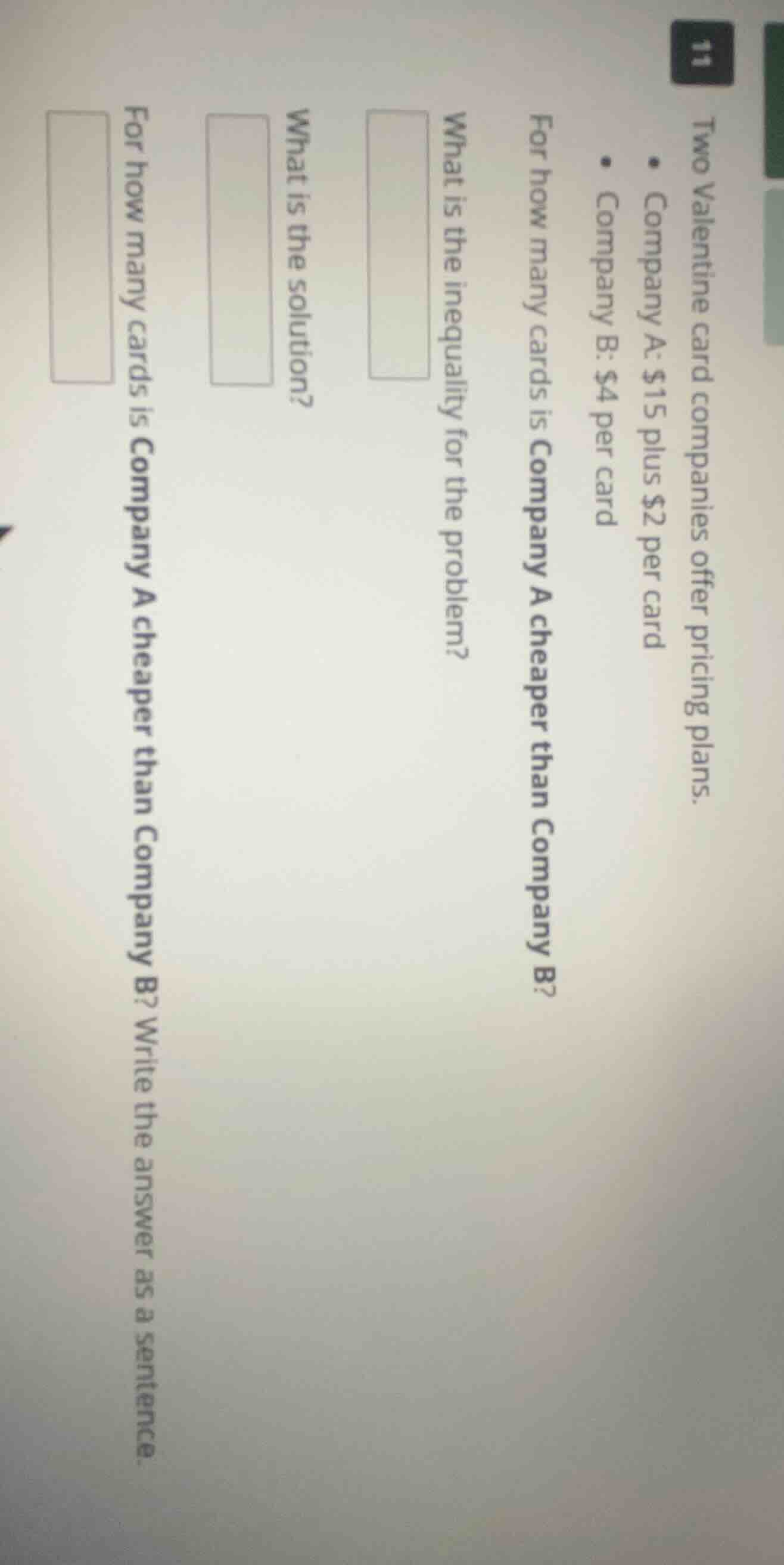 two valentine card companies offer pricing plans. - company a: $15 plus…