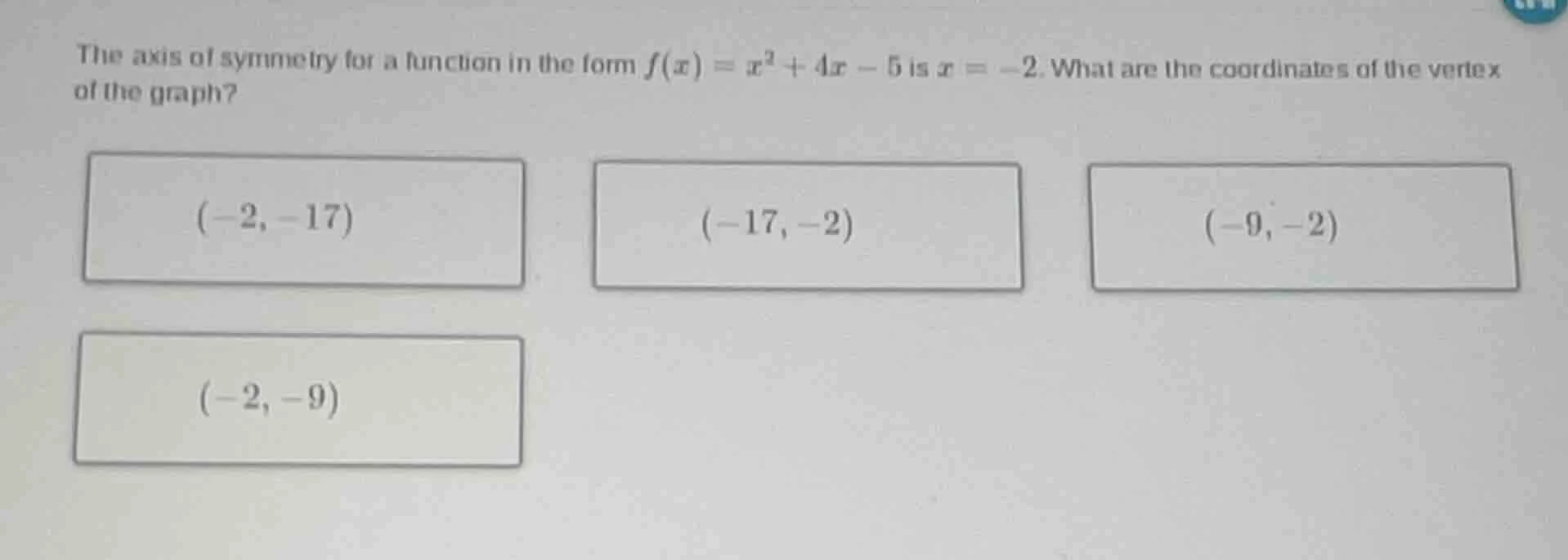 the axis of symmetry for a function in the form $f(x)=x^2 + 4x - 5$ is …