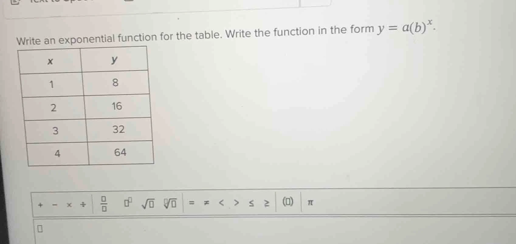 write an exponential function for the table. write the function in the …
