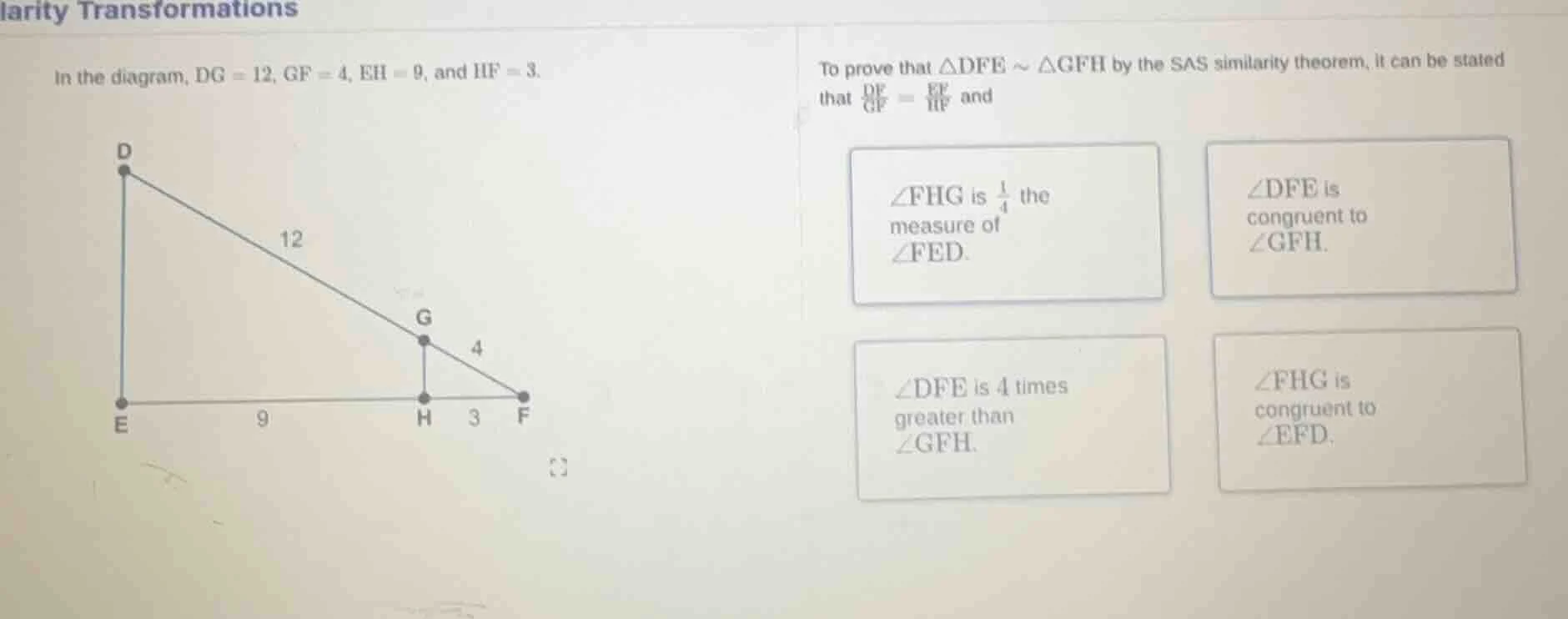 in the diagram, dg = 12, gf = 4, eh = 9, and hf = 3. to prove that $\\t…