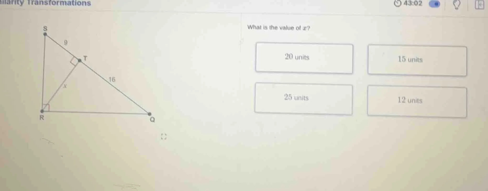 what is the value of x? 20 units 15 units 25 units 12 units