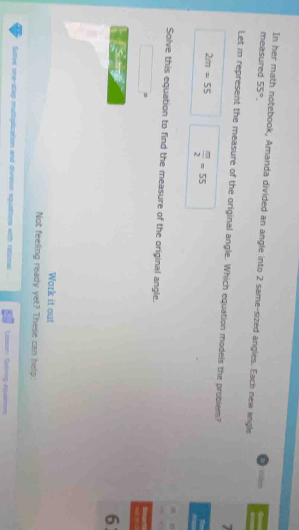 in her math notebook, amanda divided an angle into 2 same - sized angle…