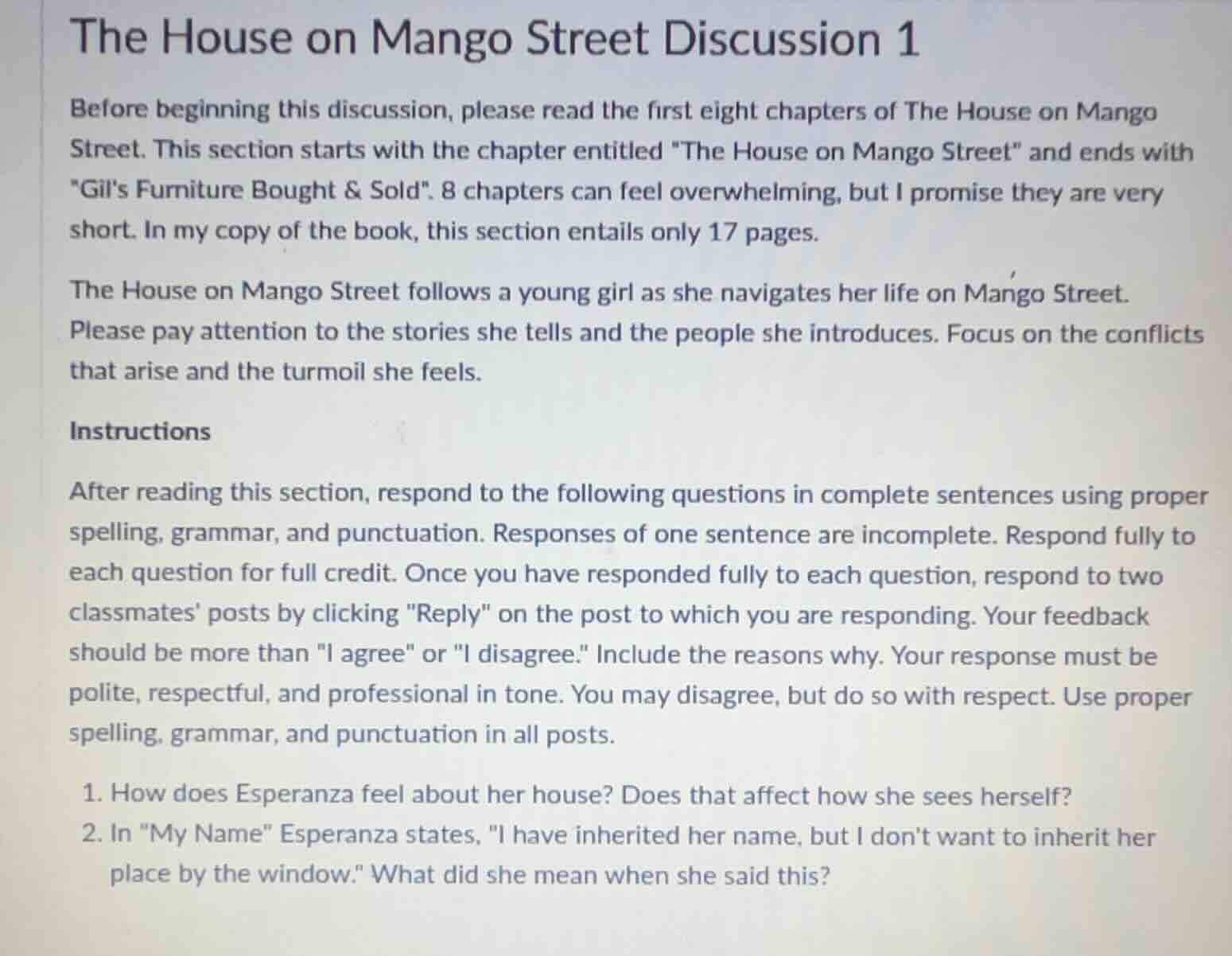 the house on mango street discussion 1 before beginning this discussion…